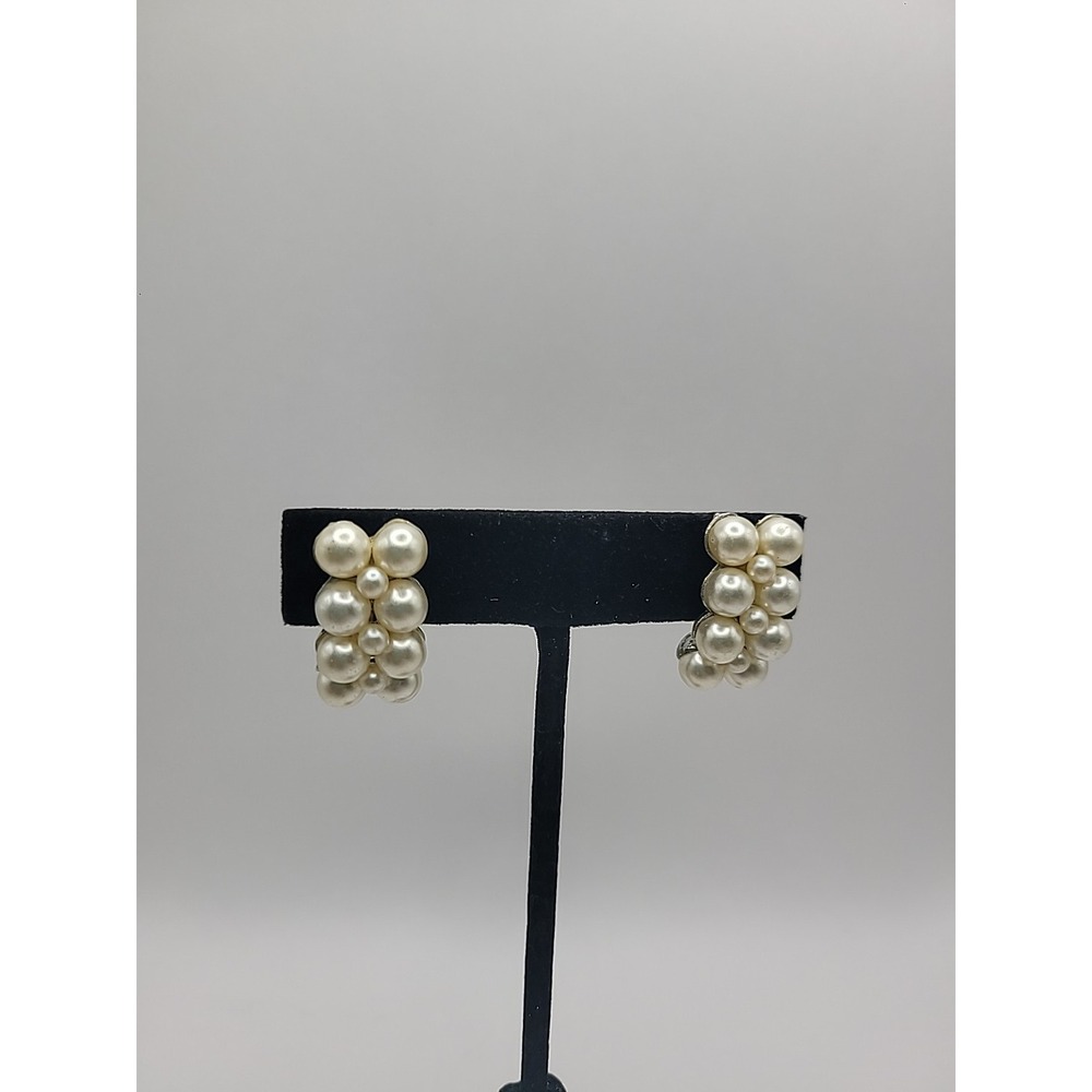 Vintage Faux Pearl Cluster Clip On Earrings Cream Ivory Rectangular Classic Eleg